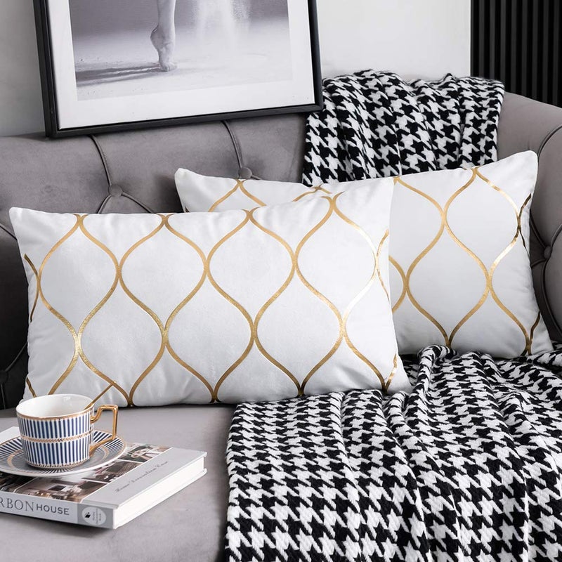 DEZENE Gold Velvet Throw Pillow Covers Off White: 2 Pack 12x20 Inch Rectangular Decorative Pillow Cases for Bedroom Sofa Couch Living Room - Image 1
